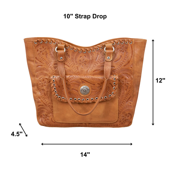 Harvest Moon conceal carry tote in natural tan with hand tooled leather accents with dimensions