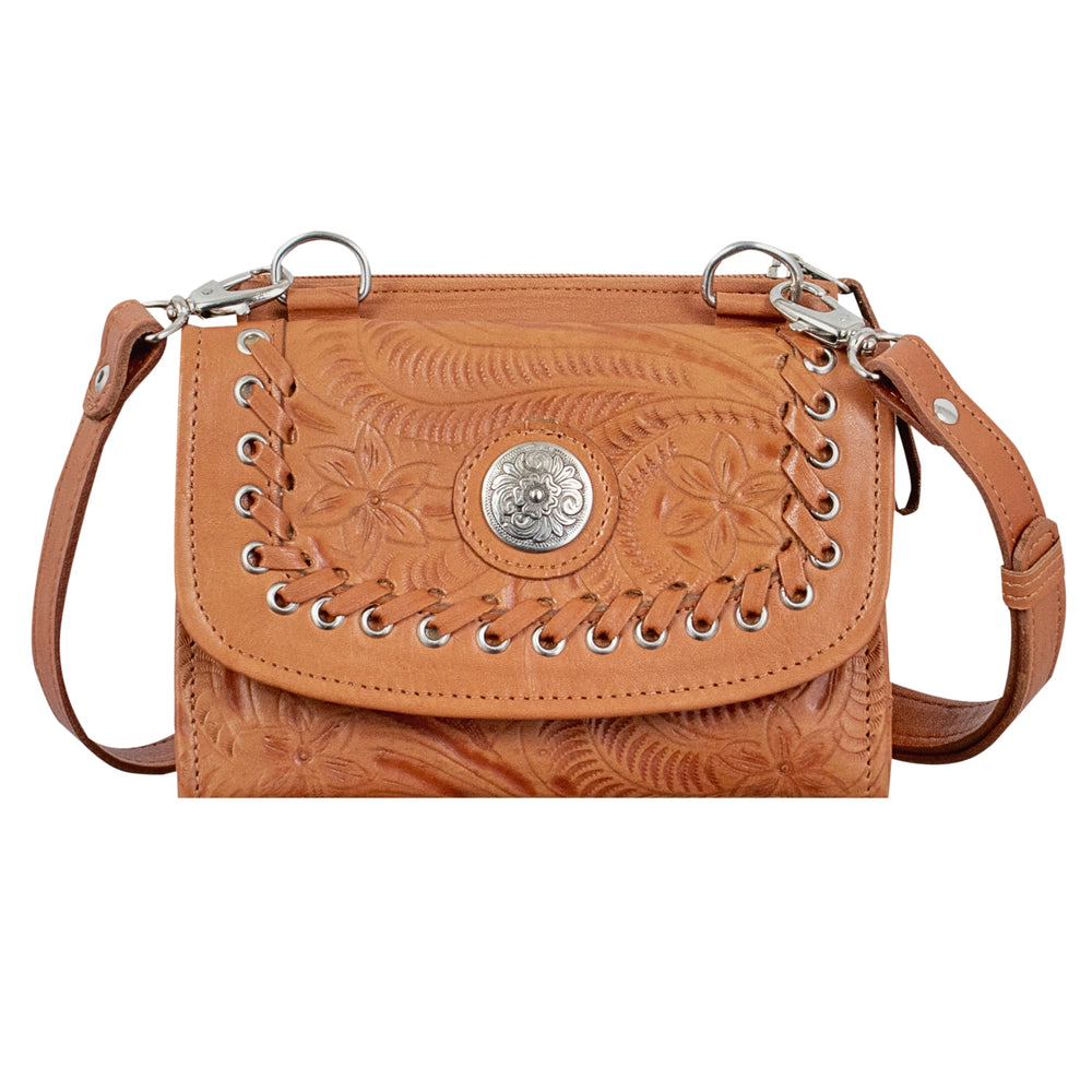 Harvest Moon crossbody bag in natural tan with hand tooled leather accents