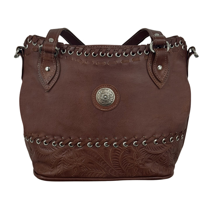 Harvest Moon Convertible Zip Top Bucket Tote – Hand Tooled Genuine Leather