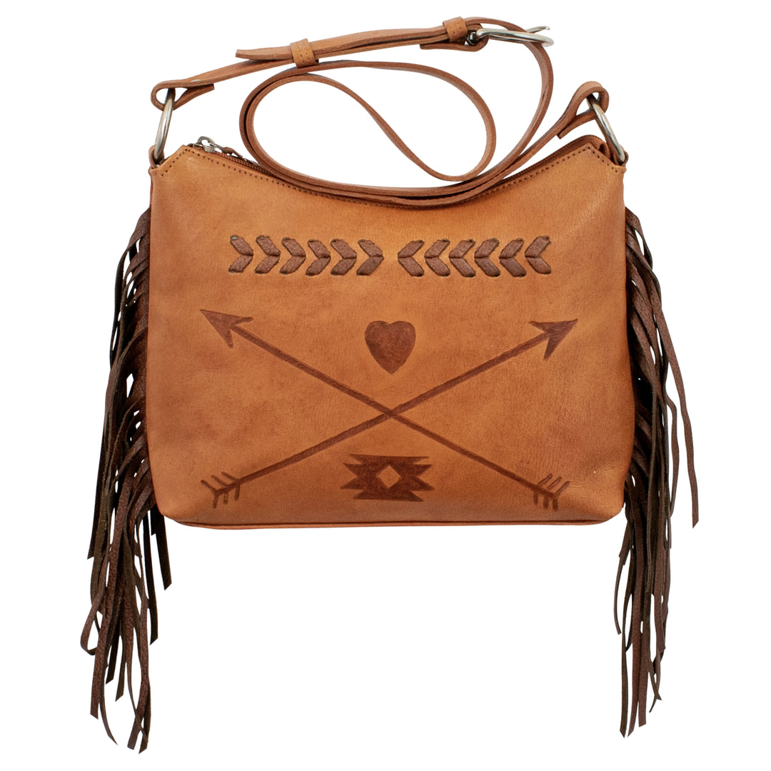 Friendship Arrows shoulder bag in natural tan with hand tooled leather accents