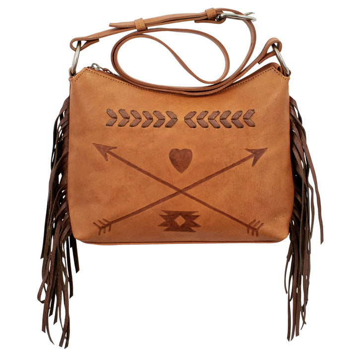 Friendship Arrows shoulder bag in natural tan with hand tooled leather accents
