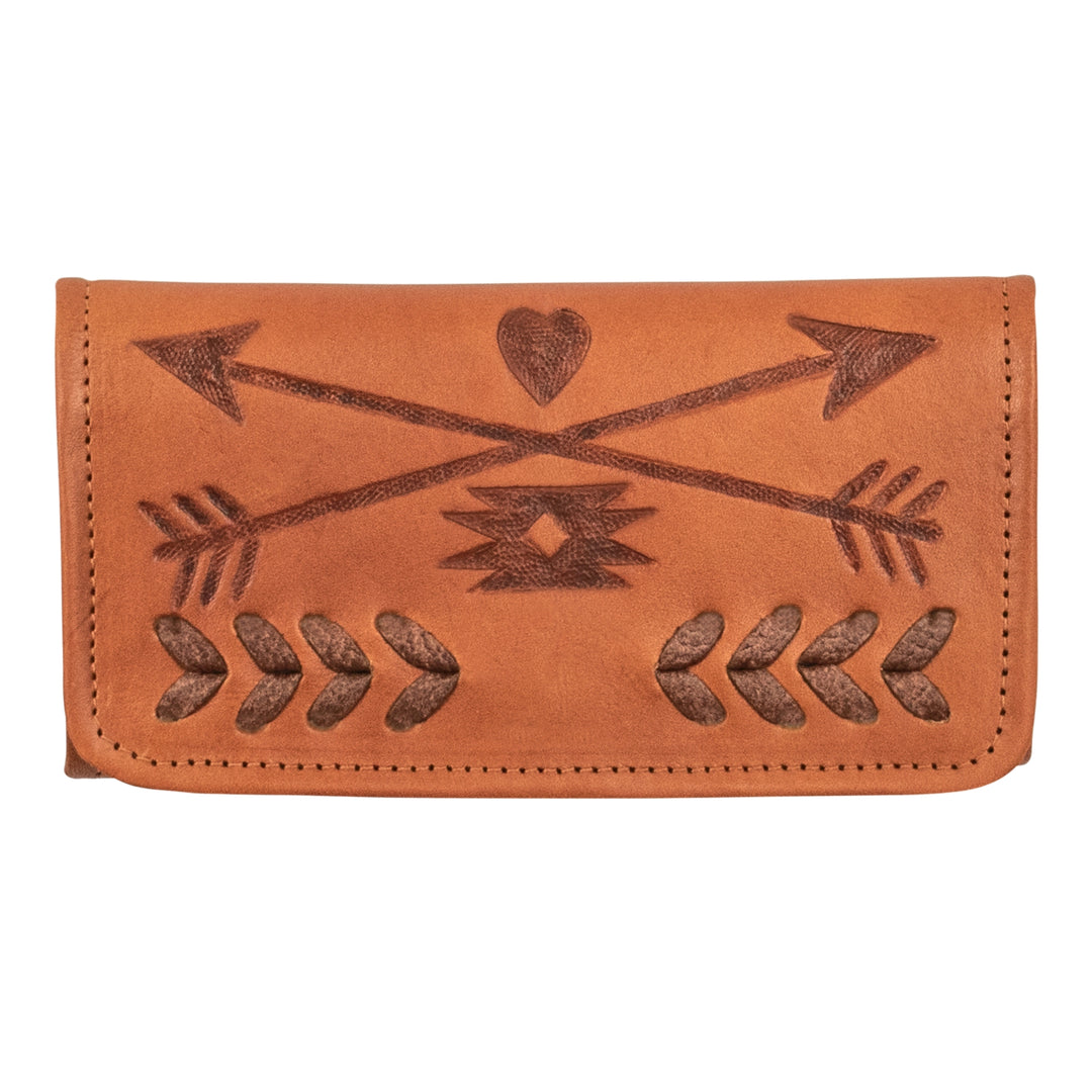 Friendship Arrows tri-fold wallet in natural tan with hand tooled leather accents