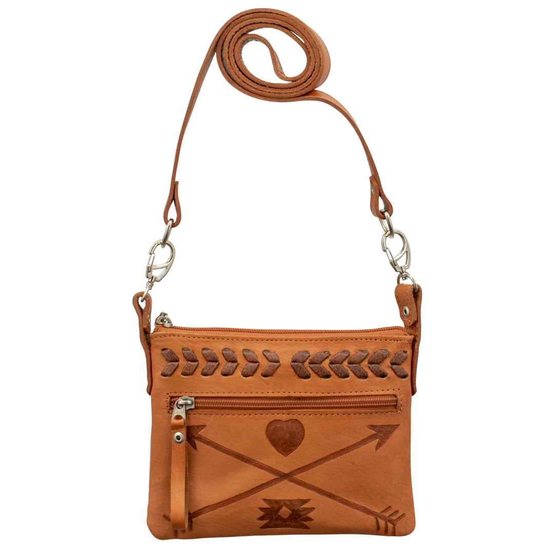 Friendship Arrows crossbody/hip bag in natural tan with hand tooled leather accents