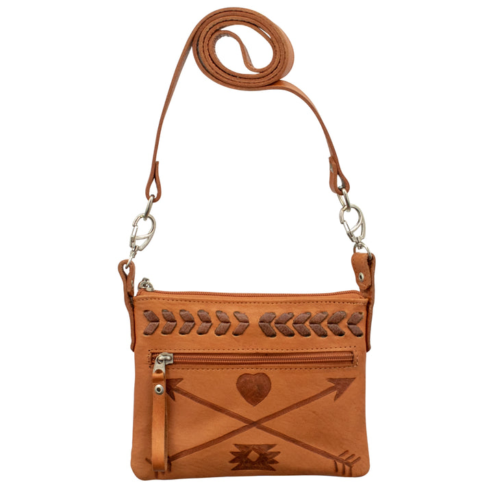 Friendship Arrows crossbody/hip bag in natural tan with hand tooled leather accents
