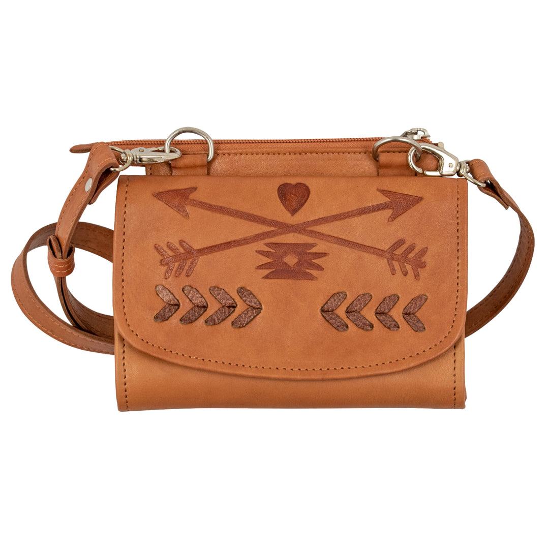 Friendship Arrows crossbody bag in natural tan with hand tooled leather accents