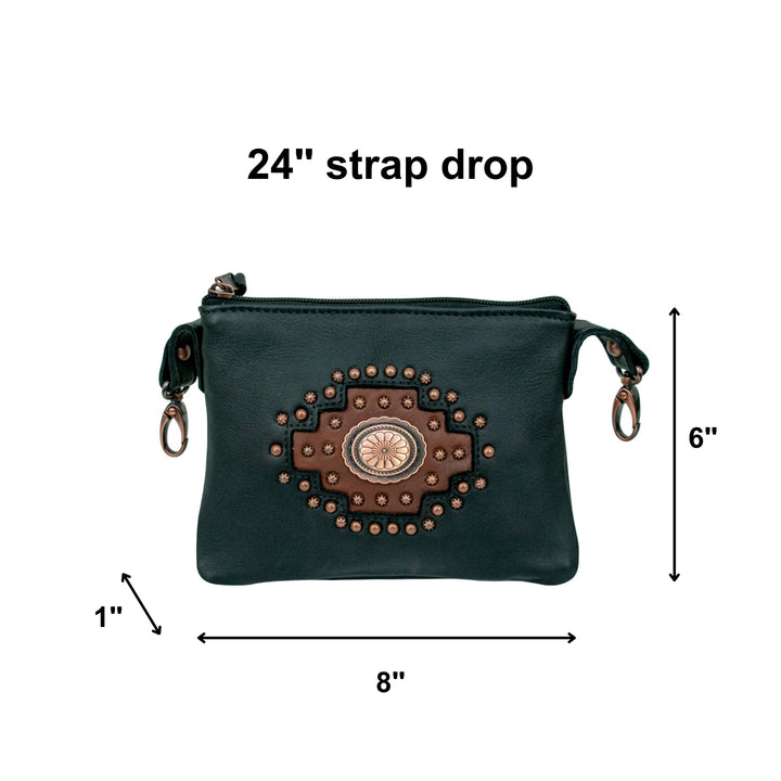 Midnight Copper crossbody/hip bag in black with hand tooled accents with dimensions