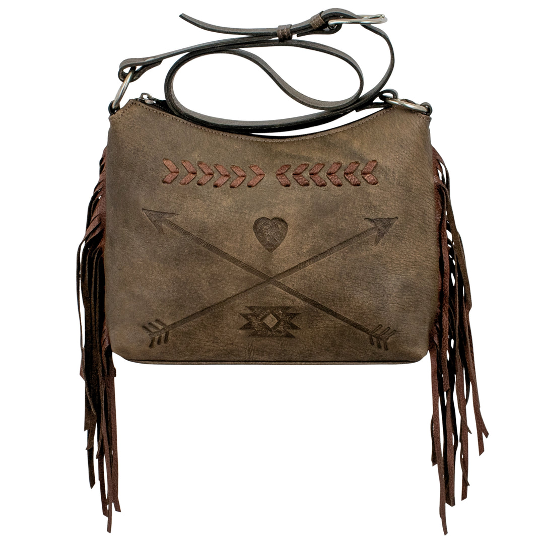 Friendship Arrows shoulder bag in distressed charcoal brown with hand tooled leather accents