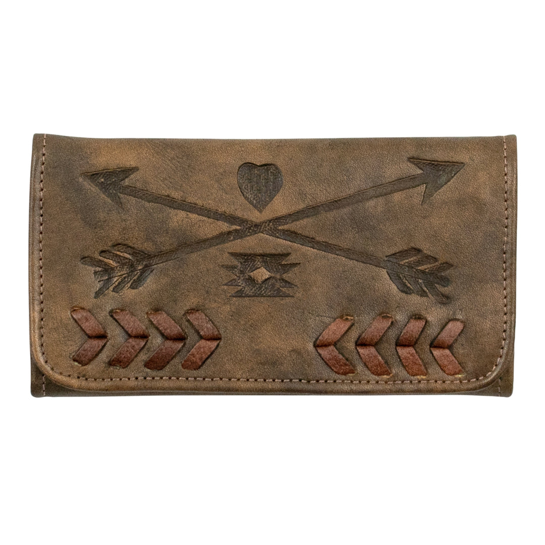 Friendship Arrows tri-fold wallet in distressed charcoal brown with hand tooled leather accents