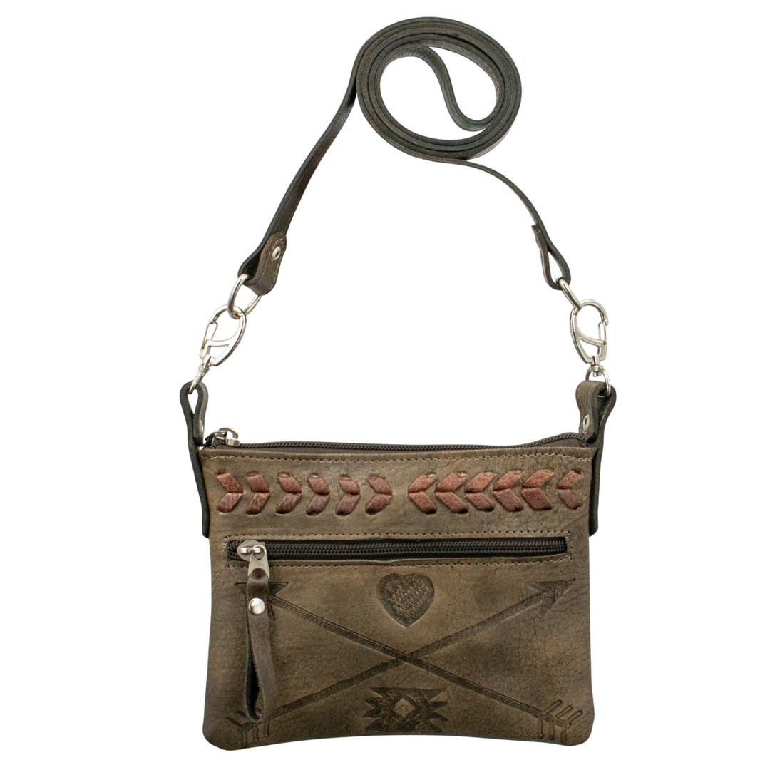 Friendship Arrows crossbody/hip bag in distressed charcoal brown with hand tooled leather accents