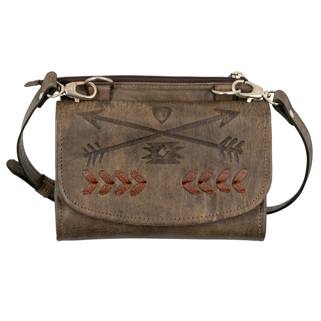 Friendship Arrows crossbody bag in distressed charcoal brown with hand tooled leather accents