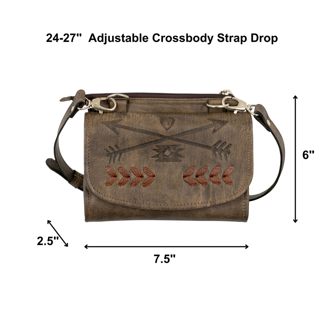 Friendship Arrows crossbody bag in distressed charcoal brown with hand tooled leather accents with dimensions