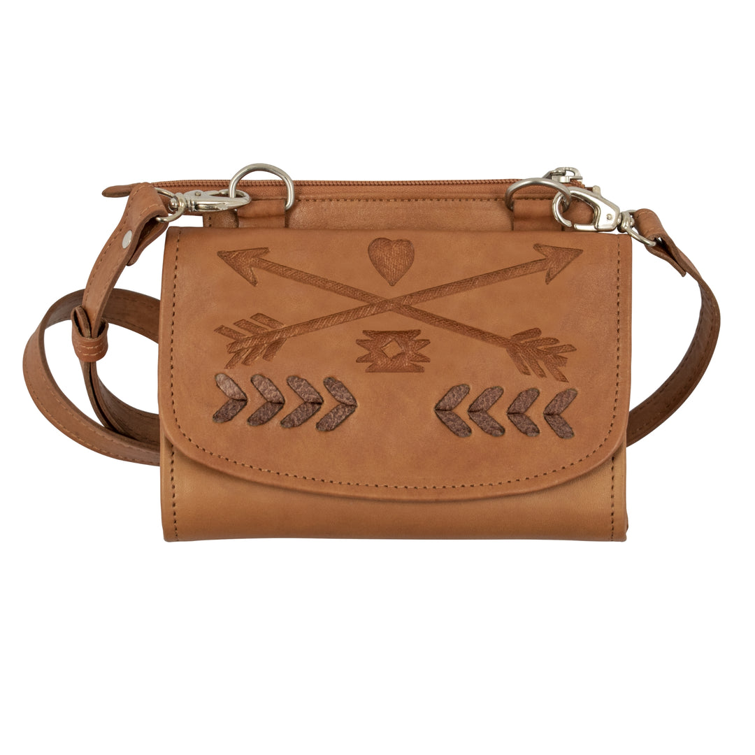 Friendship Arrows crossbody bag in natural tan with hand tooled leather accents