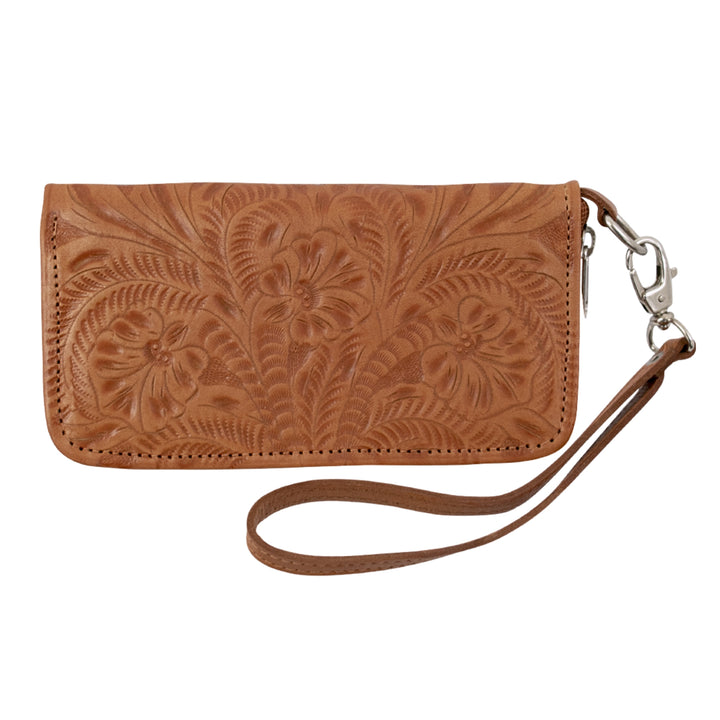 Ladies zip-around wallet in natural tan with hand tooled leather accents and detachable wrist strap