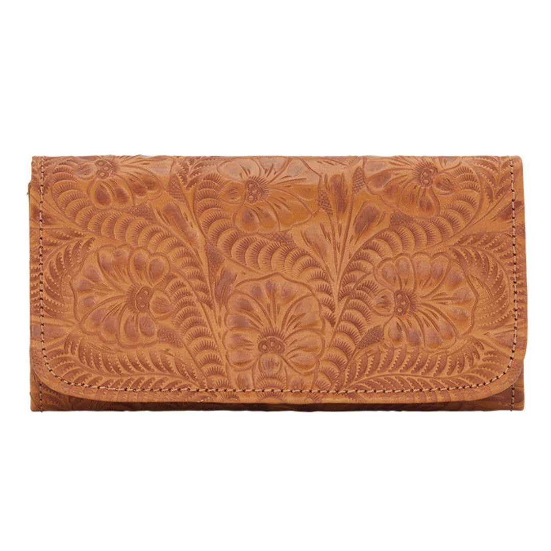 Ladies tri-fold wallet in natural tan with hand tooled leather accents