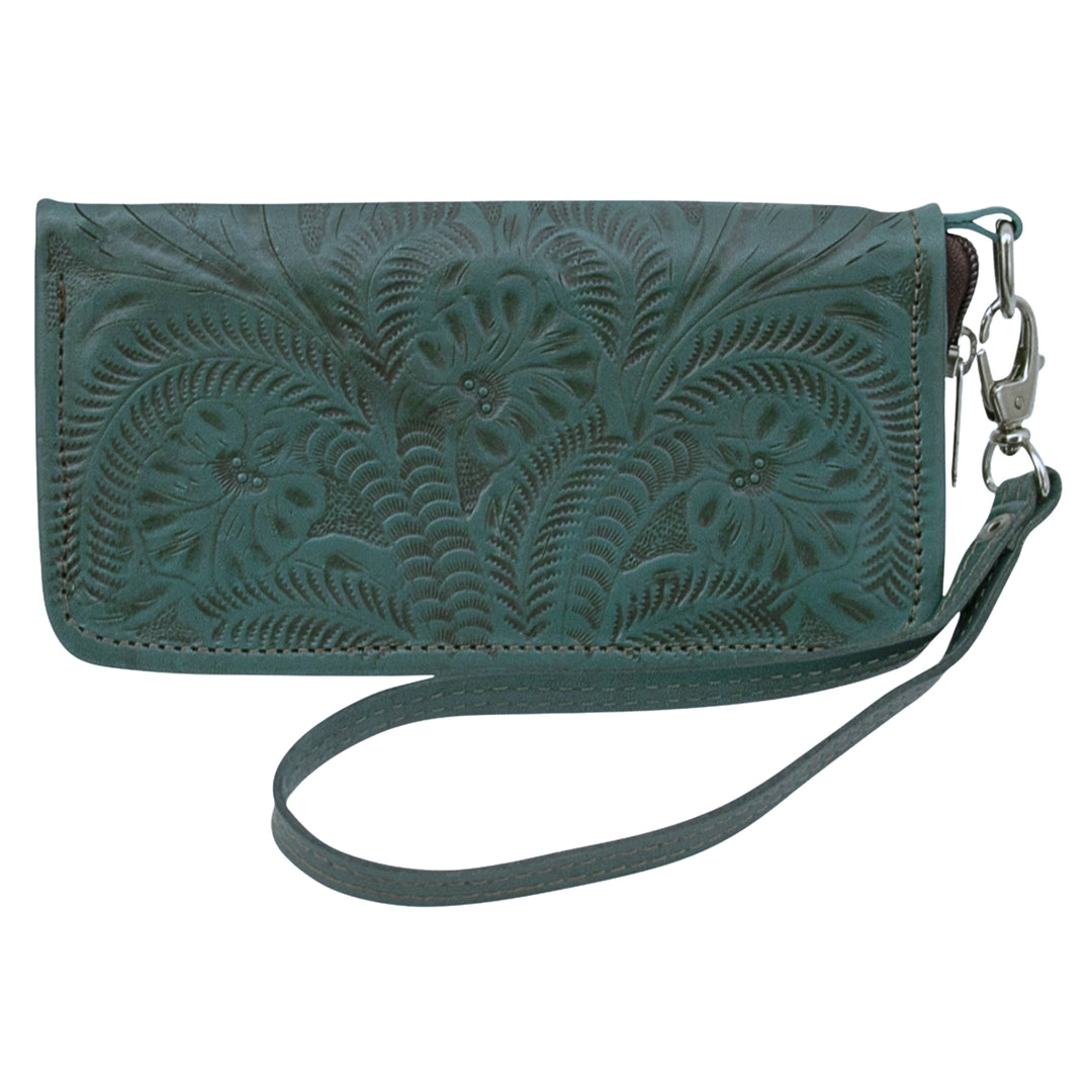 Ladies zip-around wallet in dark turquoise with hand tooled leather accents and detachable wrist strap