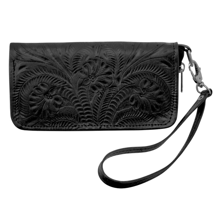 Ladies zip-around wallet in black with hand tooled leather accents and detachable wrist strap