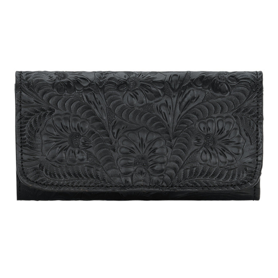 Ladies tri-fold wallet in black with hand tooled leather patterns