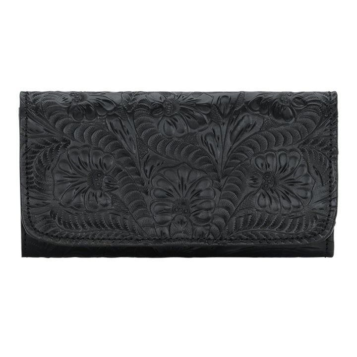 Ladies tri-fold wallet in black with hand tooled leather patterns