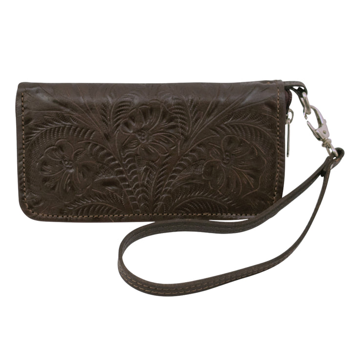 Ladies zip-around wallet in chocolate brown with hand tooled leather accents and detachable wrist strap