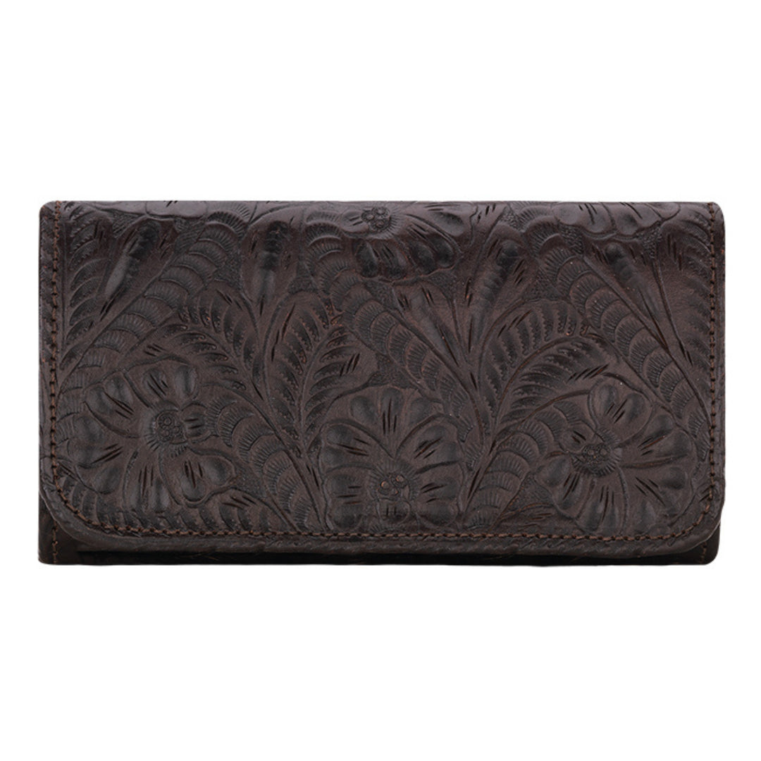 Ladies tri-fold wallet in chocolate brown with hand tooled leather designs