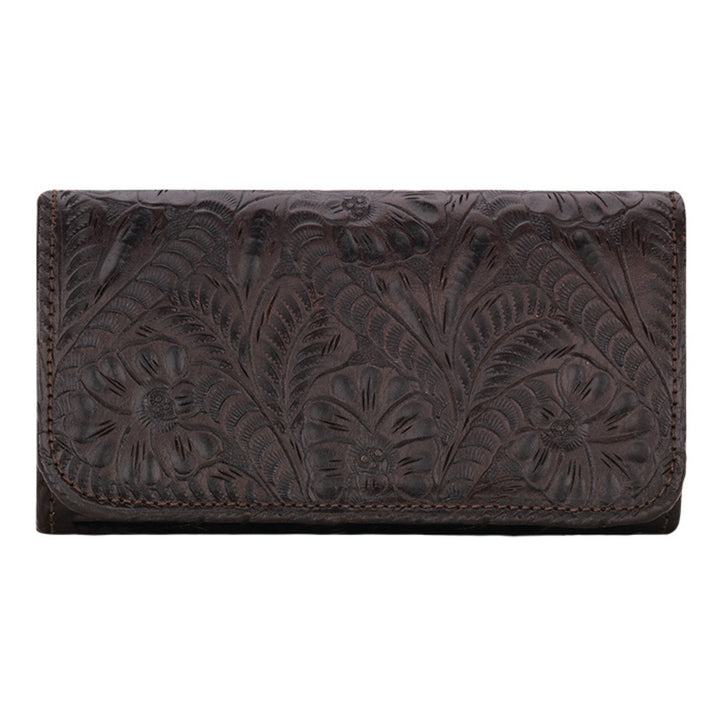 Ladies tri-fold wallet in chocolate brown with hand tooled leather designs