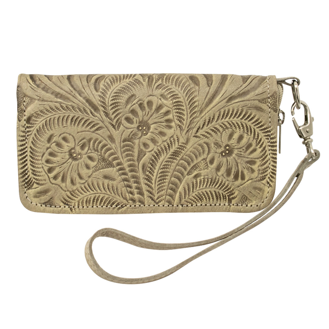 Ladies zip-around wallet in sand with hand tooled leather accents and detachable wrist strap