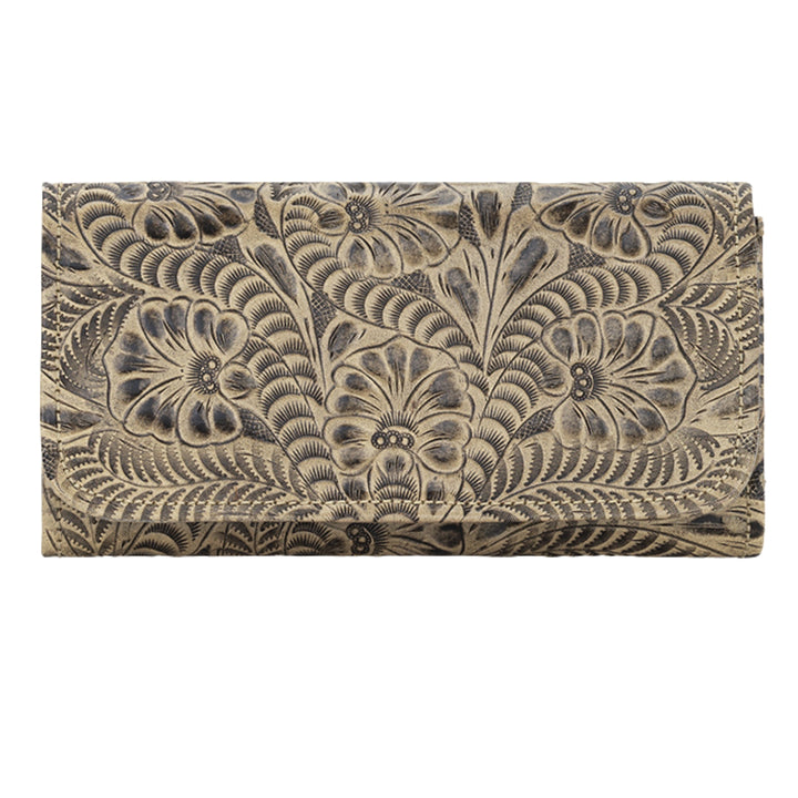 Ladies tri-fold wallet in sand with hand tooled leather designs