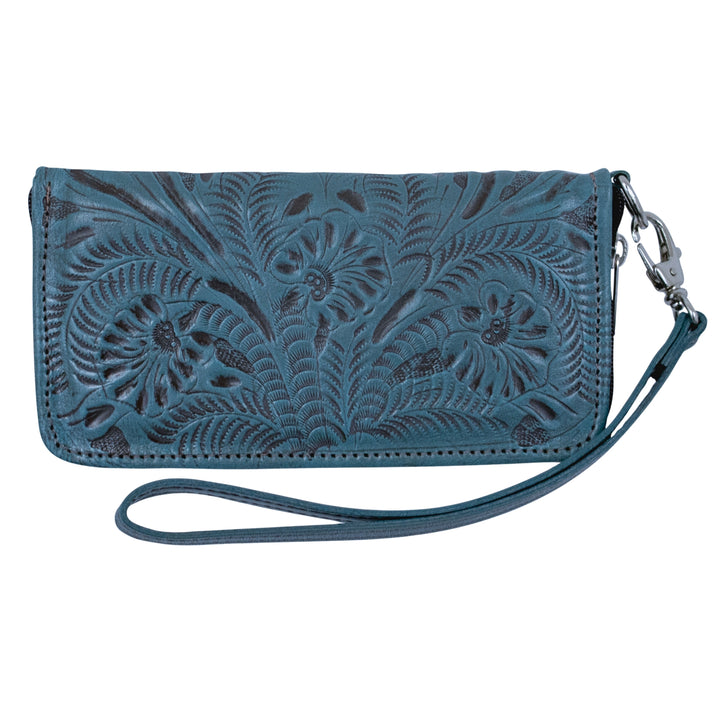 Ladies zip-around wallet in denim blue with hand tooled leather accents and detachable wrist strap