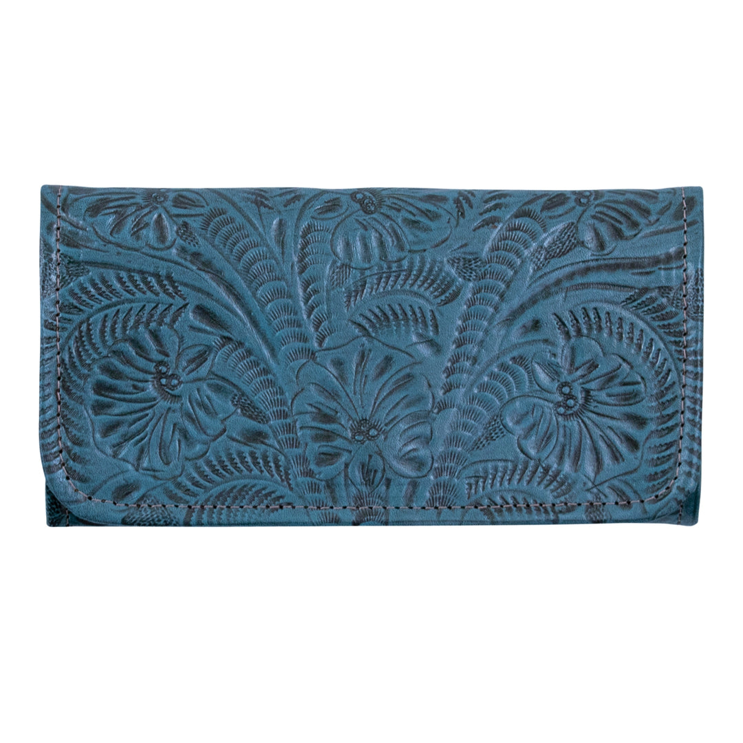 Ladies tri-fold wallet in denim blue with hand tooled leather designs