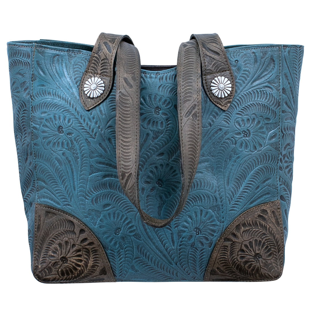 Annie's Secret conceal carry tote in denim blue with hand tooled leather designs