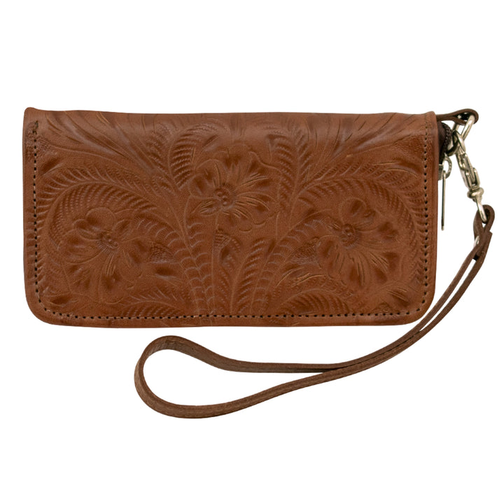 Ladies zip-around wallet in medium brown with hand tooled leather accents and detachable wrist strap