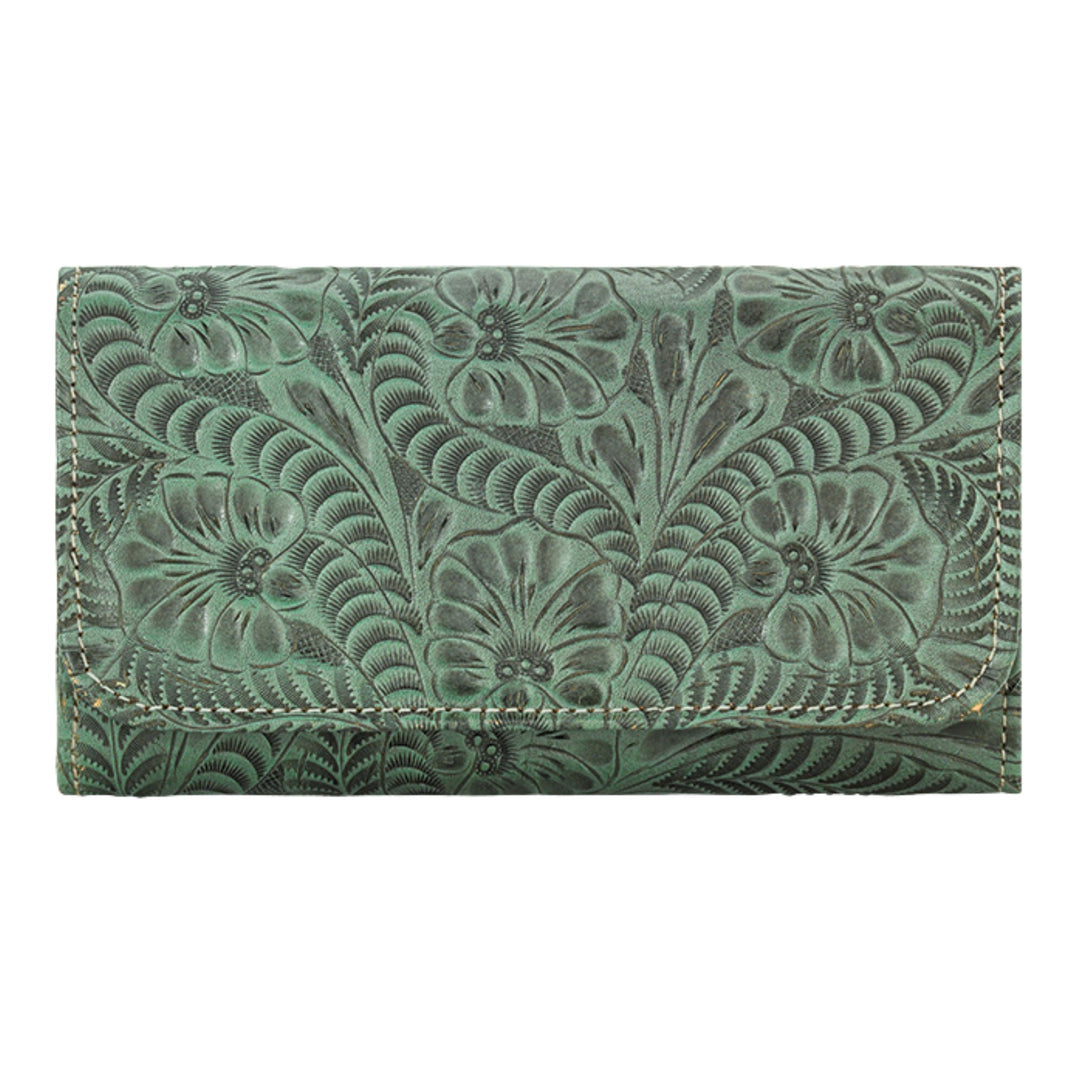 Ladies tri-fold wallet in light turquoise with hand tooled leather designs
