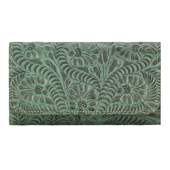Ladies tri-fold wallet in light turquoise with hand tooled leather designs