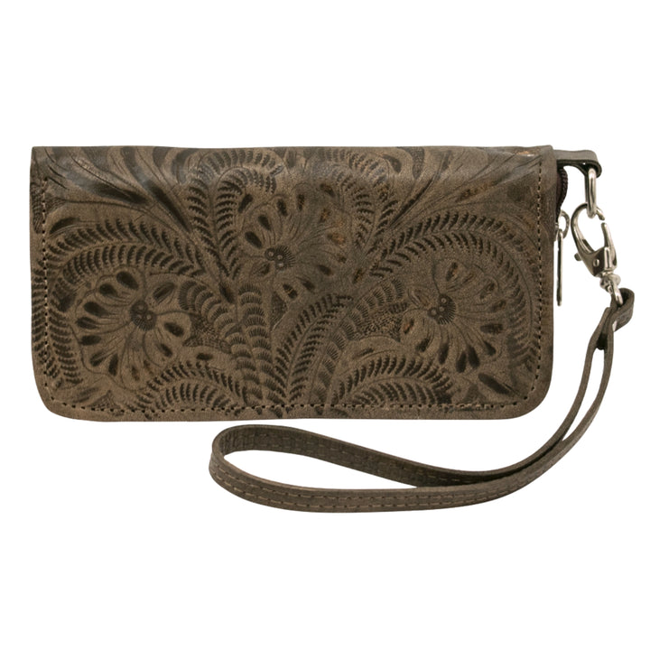 Ladies zip-around wallet in distressed charcoal brown with hand tooled leather accents and detachable wrist strap