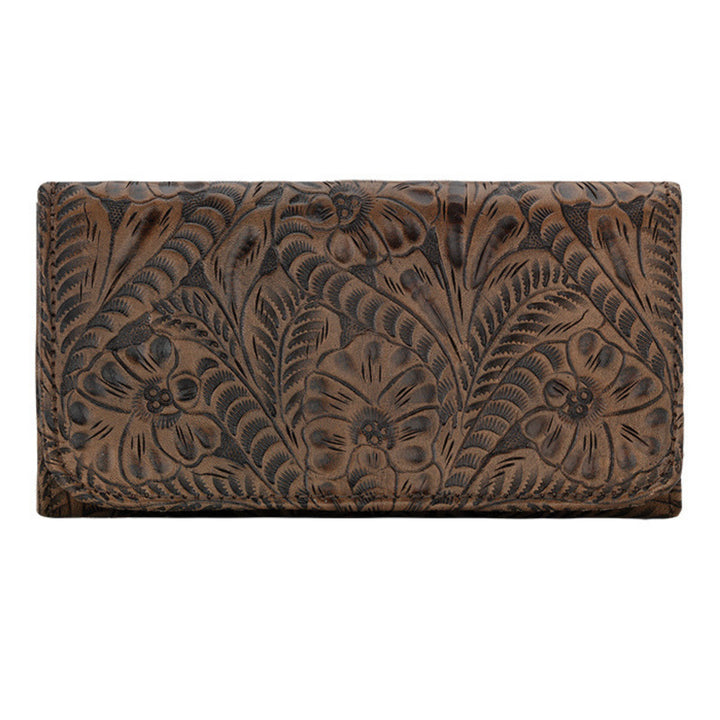 Ladies tri-fold wallet in distressed charcoal brown with hand tooled leather design