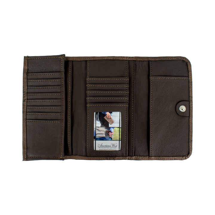Inside view of Ladies tri-fold wallet with multiple card and cash slots