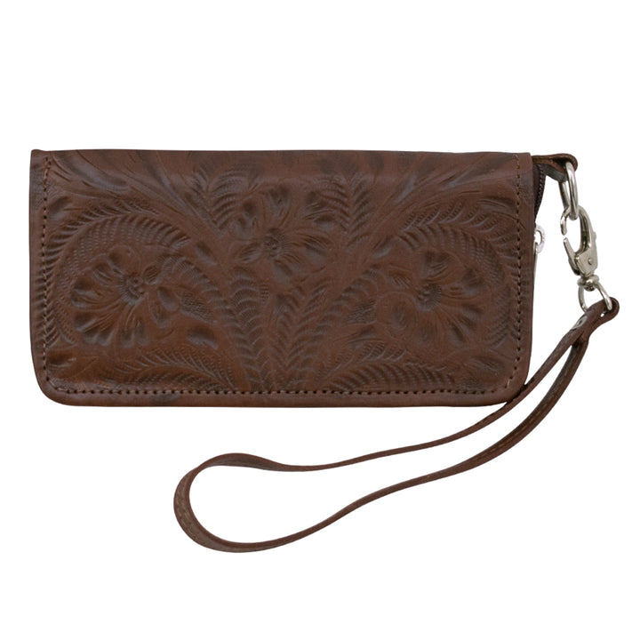 Ladies zip-around wallet in dark brown with hand tooled leather accents and detachable wrist strap