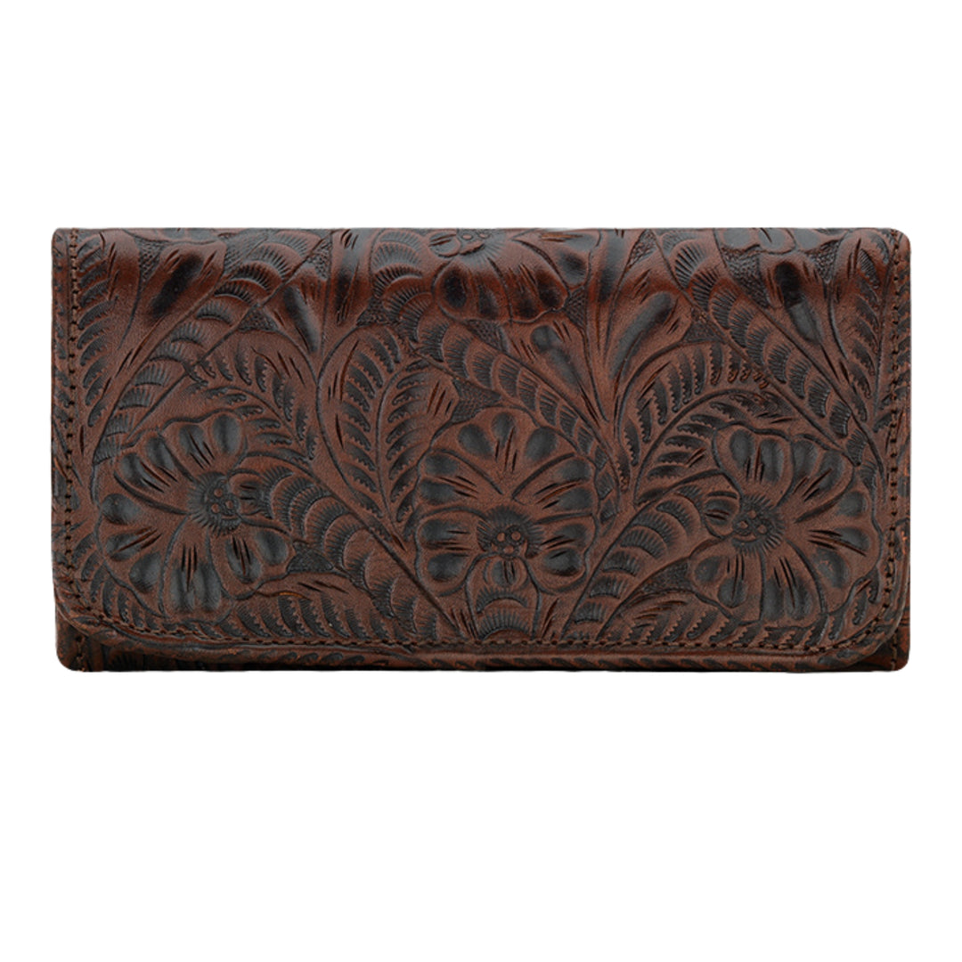 Ladies tri-fold wallet in dark brown with hand tooled leather designs