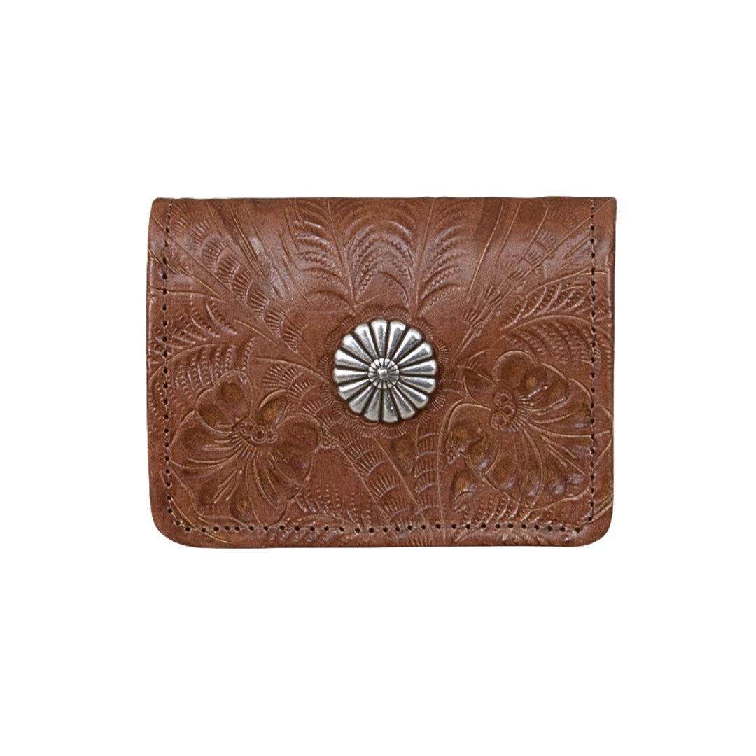 Small ladies' tri-fold wallet in medium brown with hand tooled leather accents, and concho