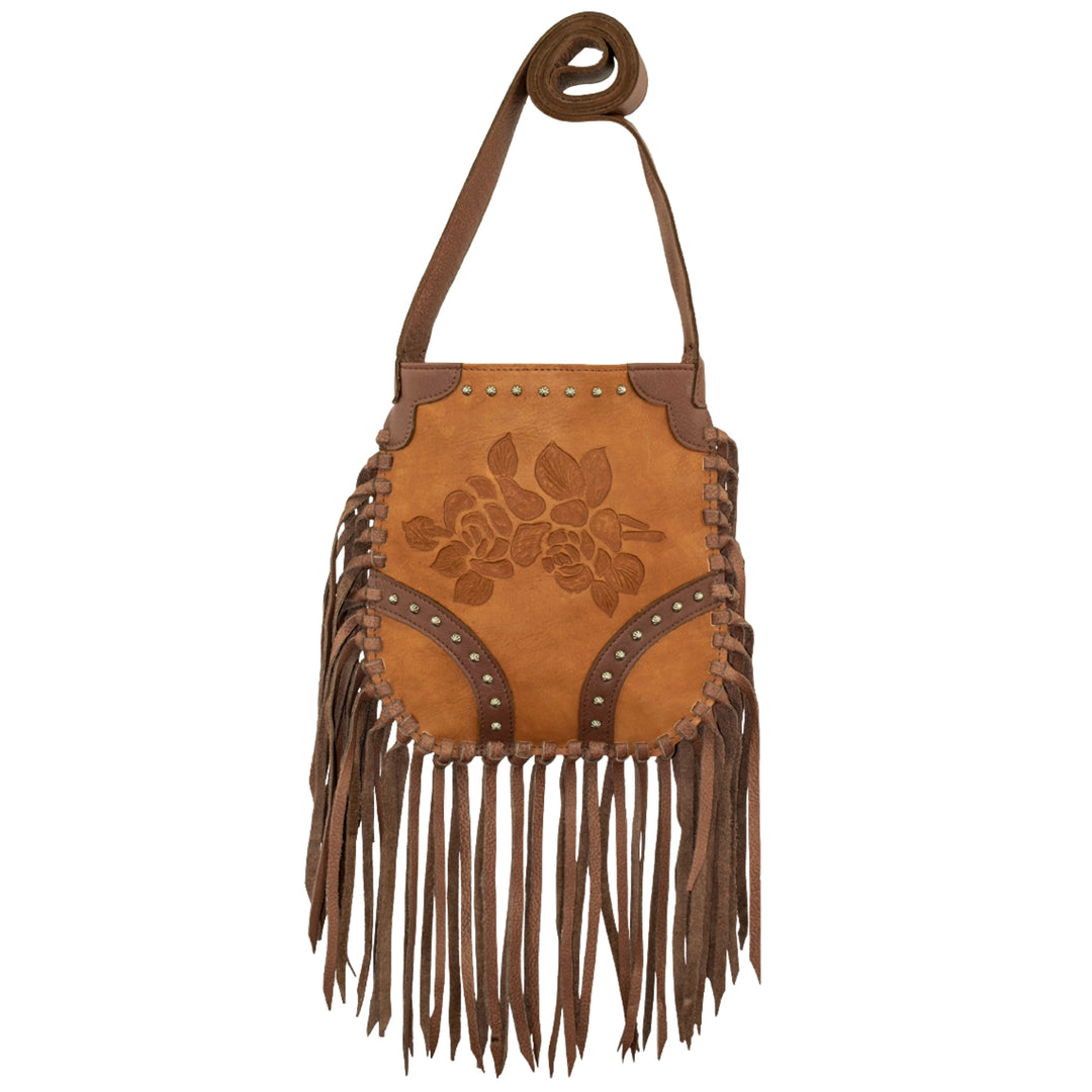 Fringed Cowgirl crossbody in natural tan with hand tooled leather rose accents and fringe