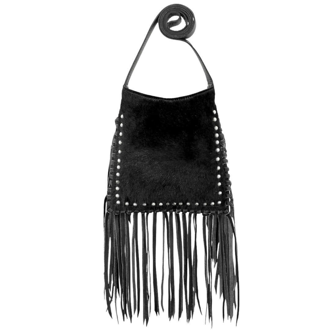 Fringed Cowgirl crossbody with fringe in black with hair-on hide leather and fringe accents