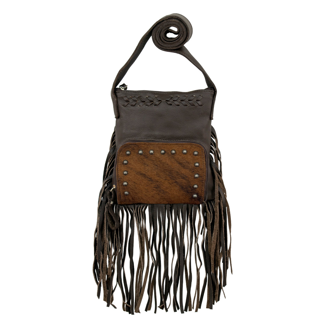 Fringed Cowgirl crossbody in brindle with hair-on hide leather and fringe accents