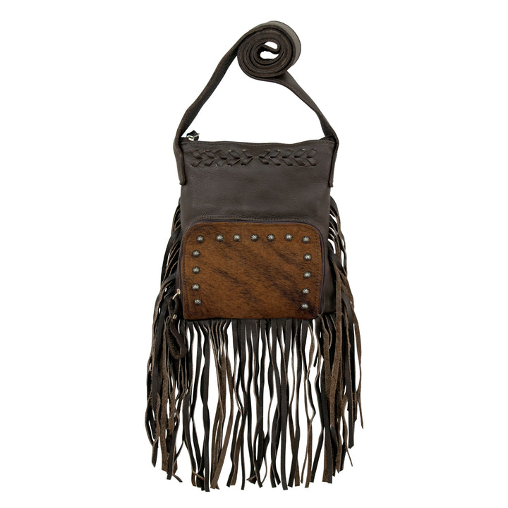 Fringed Cowgirl crossbody in brindle with hair-on hide leather and fringe accents