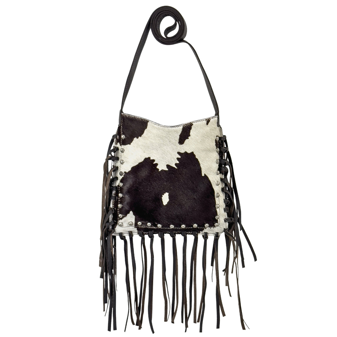 Fringed Cowgirl crossbody with fringe in pony with hair-on hide leather and fringe accents