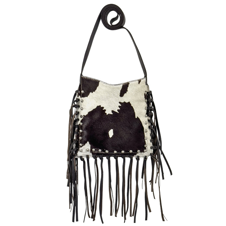 Fringed Cowgirl crossbody with fringe in pony with hair-on hide leather and fringe accents