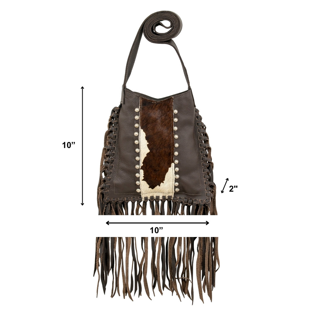 Fringed Cowgirl crossbody with fringe in chocolate brown with fringe accent with dimensions