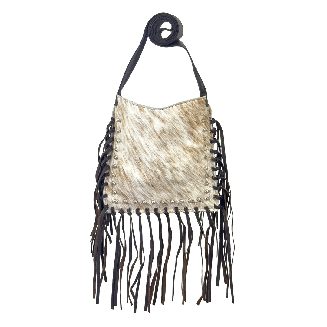 Fringed Cowgirl crossbody in brown with hair-on hide leather and fringe accents