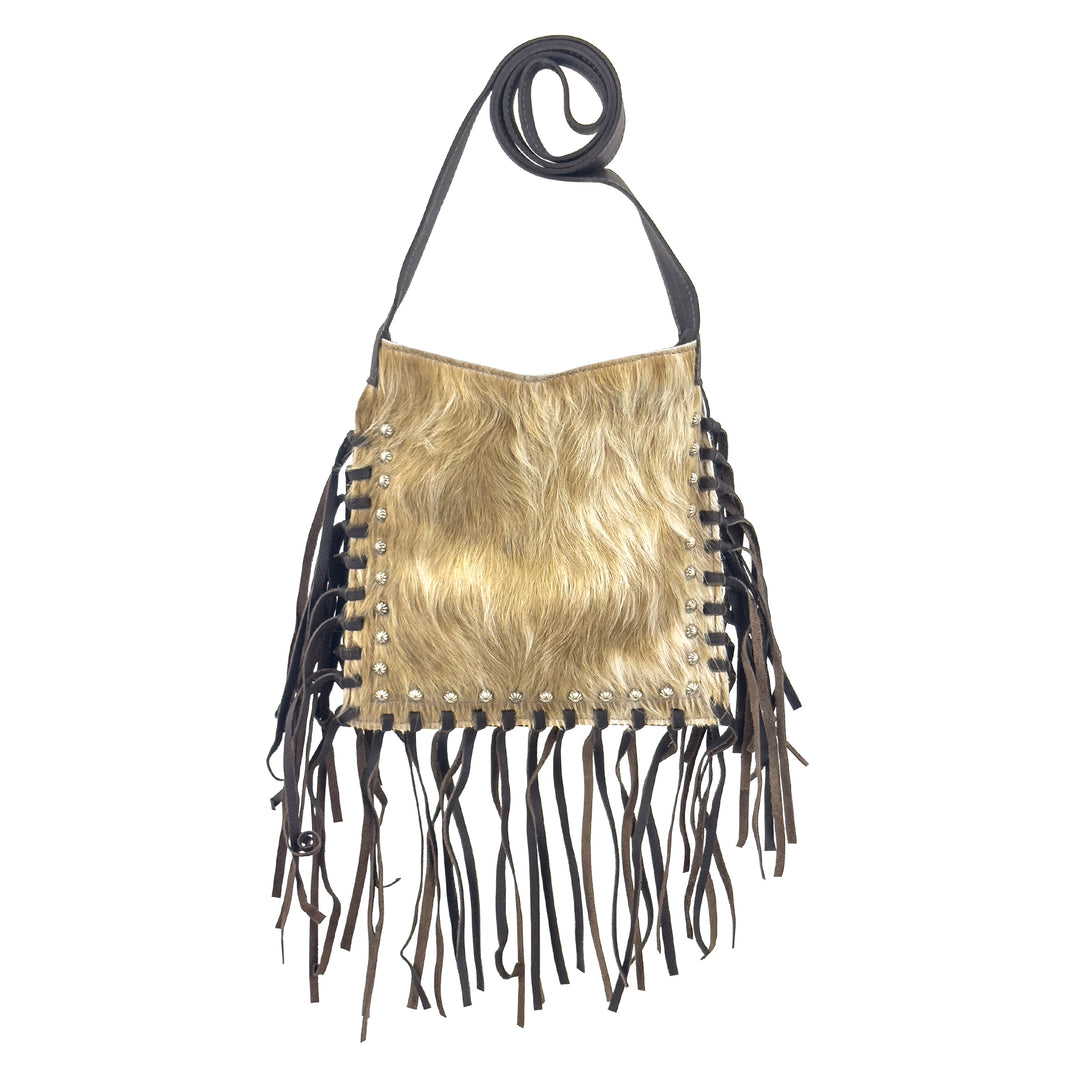 Fringed Cowgirl crossbody with fringe in brown with hair-on hide leather