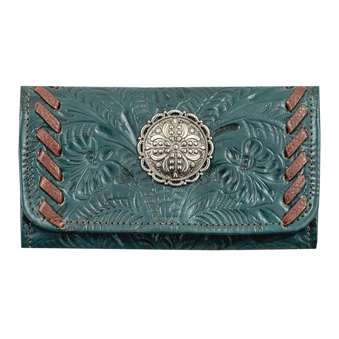 Lariats and Lace tri-fold wallet in dark turquoise with hand tooled leather, concho and tassel accents