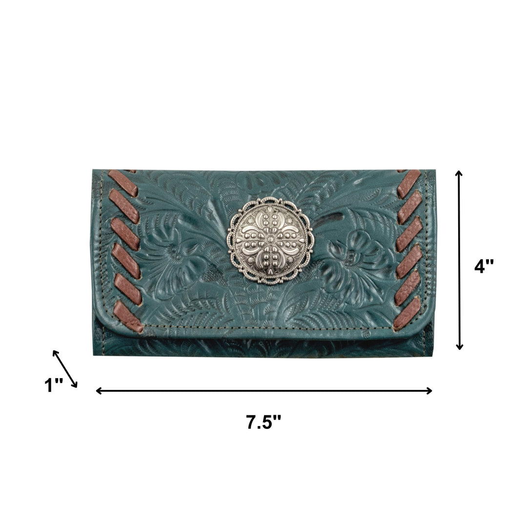 Lariats and Lace tri-fold wallet in dark turquoise with hand tooled leather, concho and tassel accents with dimensions